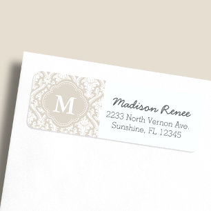 Beige and White Trendy Damask Custom Monogram