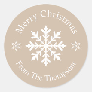 Beige And White Winter Snowflake Merry Christmas Classic Round Sticker