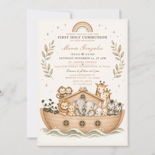 Beige Ark Animals Rainbow First Holy Communion Invitation (Front)