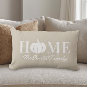 Beige Autumn Home White Pumpkin Custom Family Name Lumbar Cushion