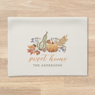 Beige Autumn Pumpkins Custom Family Name Tea Towel