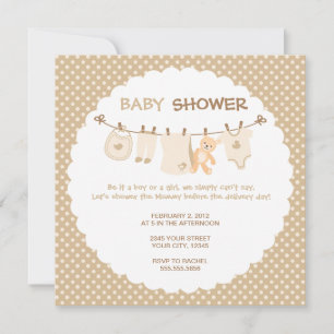 Beige Baby Clothes Line Shower Invitations