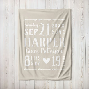 Beige Baby Girl Birth Stats Keepsake Fleece Blanket