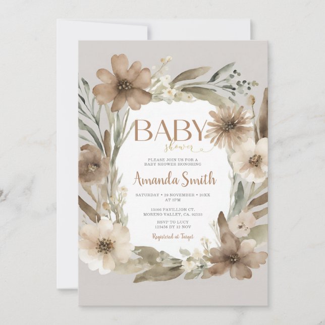 Beige Baby in Bloom Flowers Girl Baby Shower Invitation (Front)