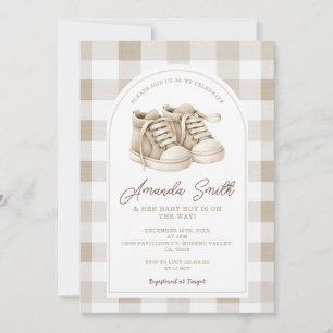 Beige Baby Shoes Gingham Boy Booties Baby Shower Invitation