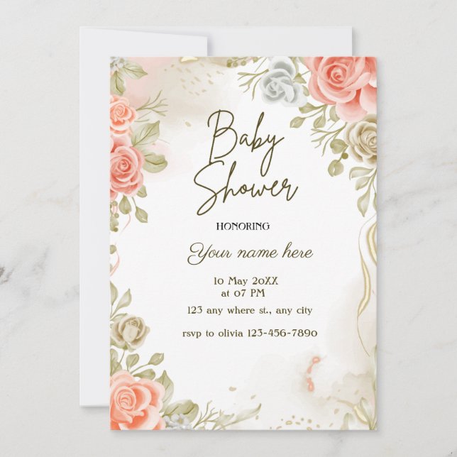 Beige baby shower floral invitations (Front)