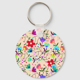 Beige Background Colourful Floral Pattern Key Ring