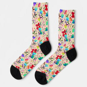 Beige Background Colourful Floral Pattern Socks