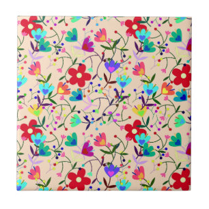 Beige Background Colourful Floral Pattern Tile