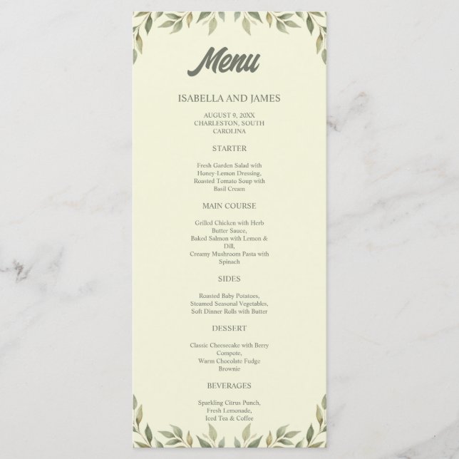 Beige Background Greenery Elegant Wedding Menu (Front)