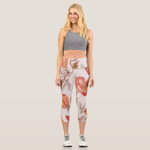 Beige Background Poppies Watercolor Pattern Capri Leggings