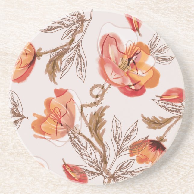 Beige Background Poppies Watercolor Pattern Coaster (Front)