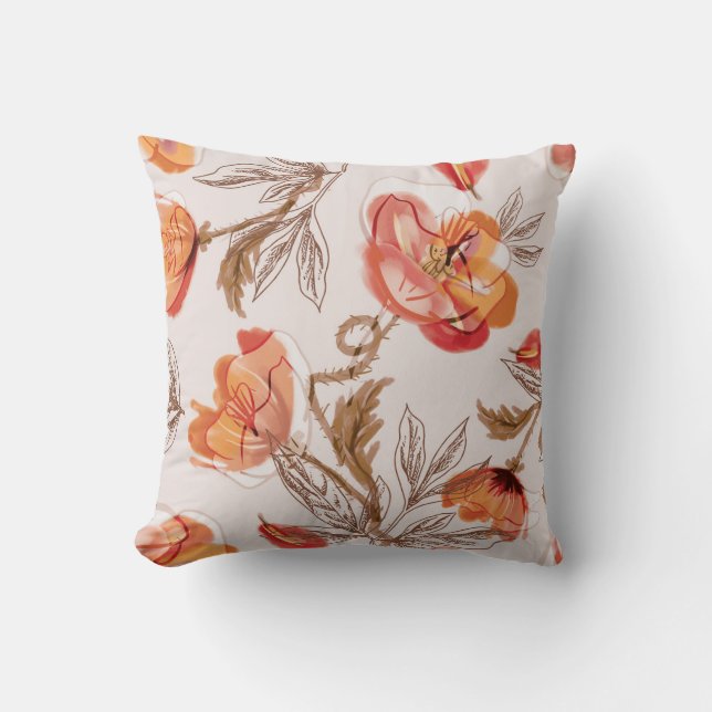 Beige Background Poppies Watercolor Pattern Cushion (Front)