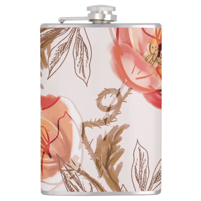 Beige Background Poppies Watercolor Pattern Hip Flask (Front)