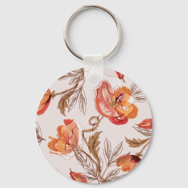 Beige Background Poppies Watercolor Pattern Key Ring (Front)
