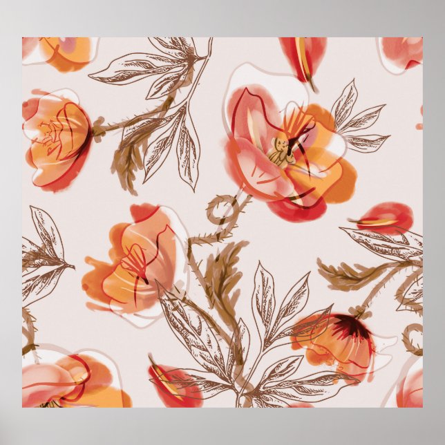 Beige Background Poppies Watercolor Pattern Poster (Front)