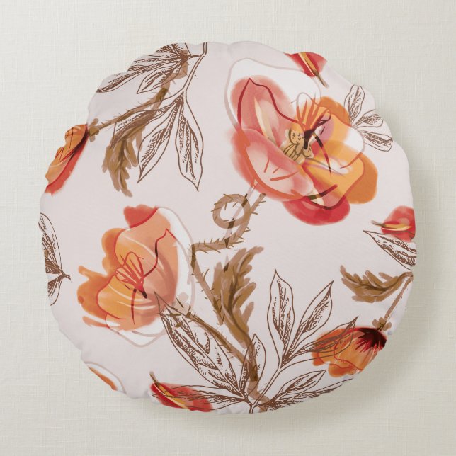 Beige Background Poppies Watercolor Pattern Round Cushion (Front)