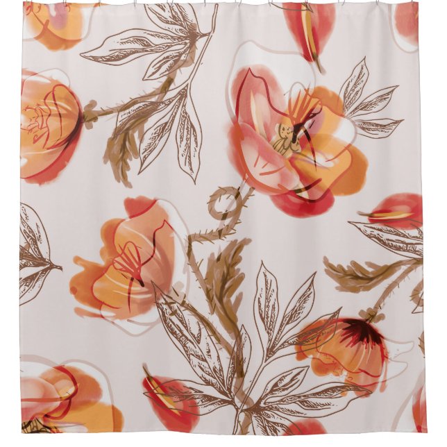 Beige Background Poppies Watercolor Pattern Shower Curtain (Front)