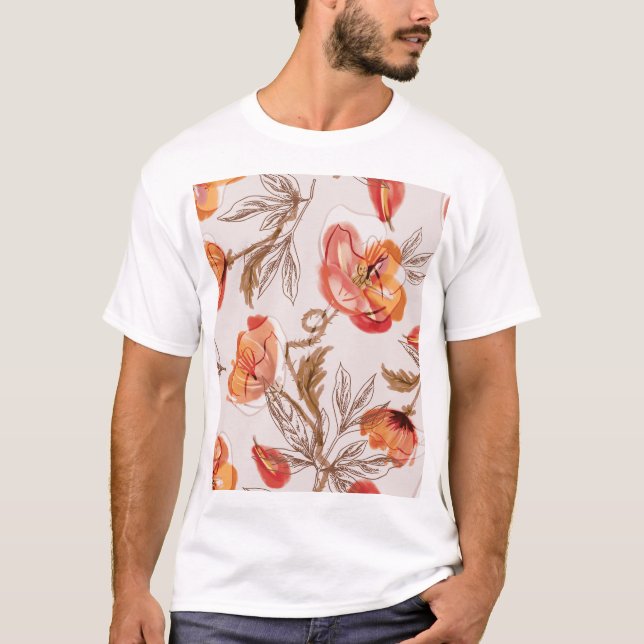 Beige Background Poppies Watercolor Pattern T-Shirt (Front)