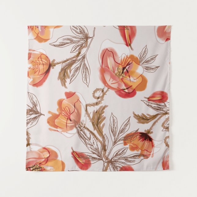 Beige Background Poppies Watercolor Pattern Tapestry (Front)