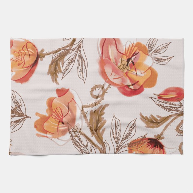 Beige Background Poppies Watercolor Pattern Tea Towel (Horizontal)