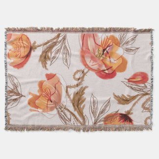 Beige Background Poppies Watercolor Pattern Throw Blanket