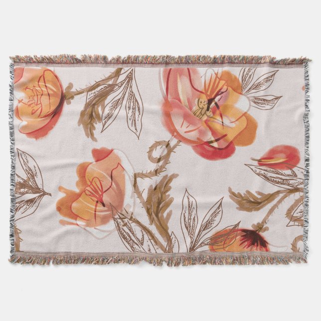 Beige Background Poppies Watercolor Pattern Throw Blanket (Front)