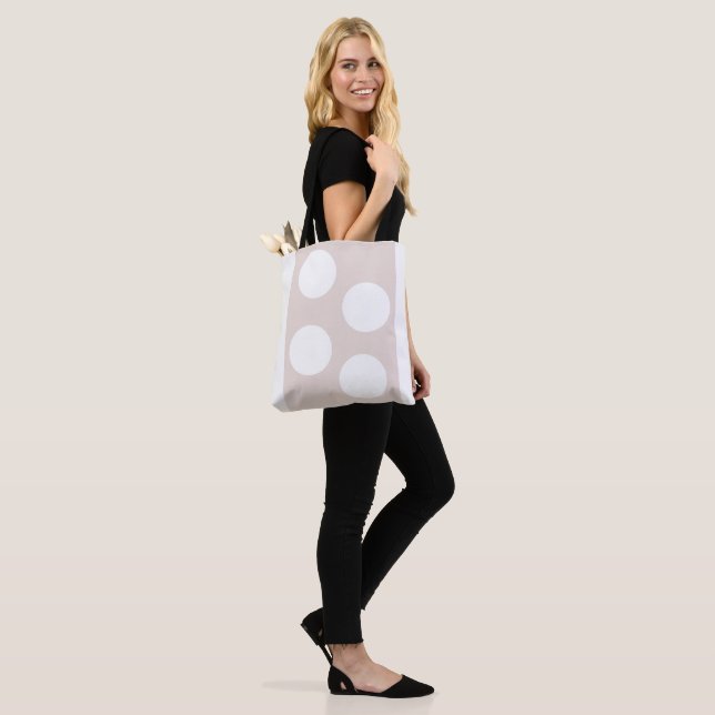 Beige Background with White Circles.  Polka Dot  Tote Bag (On Model)
