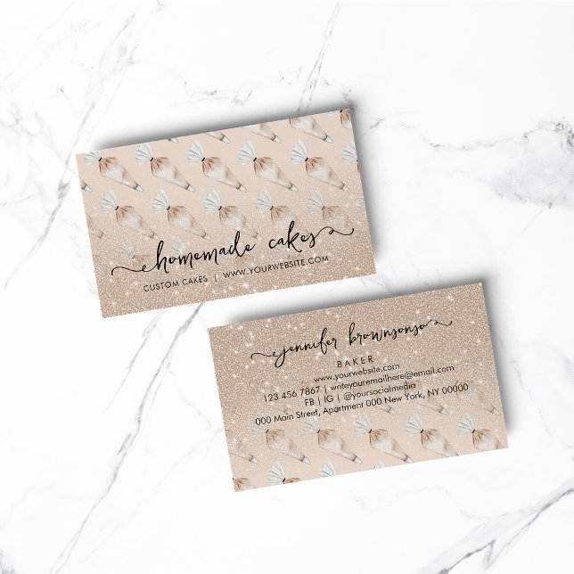 Beige Bakery Design Pastry Bag Glitz Business Card (BAKERY PASTRY CHEF COOK CAKE event planner business)