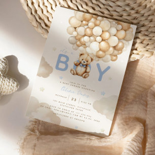 Beige Balloons Teddy Bear Boy Modern Baby Shower Invitation