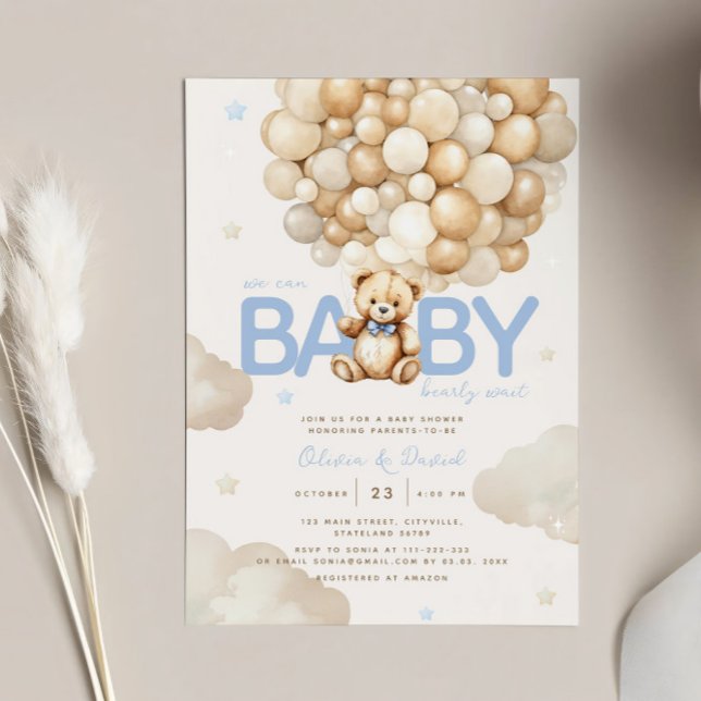Beige Balloons Teddy Bear Modern Baby Shower Invitation (Creator Uploaded)