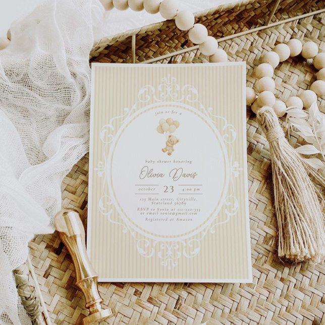 Beige Balloons Teddy Bear Vintage Baby Shower Invitation (Creator Uploaded)