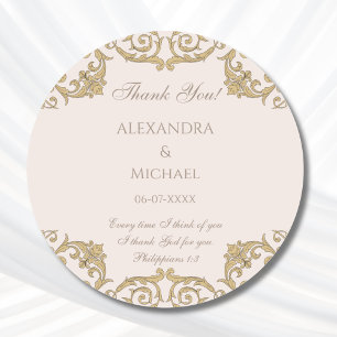Beige Baroque Christian Wedding Thank You  Classic Round Sticker
