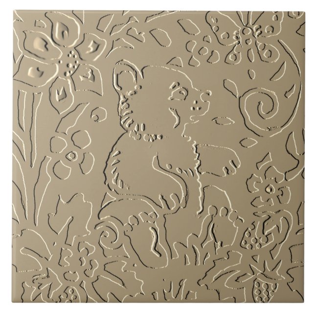 Beige Bear Cub Embossed Woodland Foliage Elegant Tile (Front)