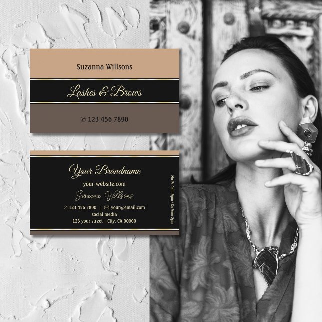Beige Black and Brown Stripes Professional Stylish Business Card (Creator Uploaded)