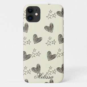 Beige Black and White Minimal Heart Stars Script  Case-Mate iPhone Case
