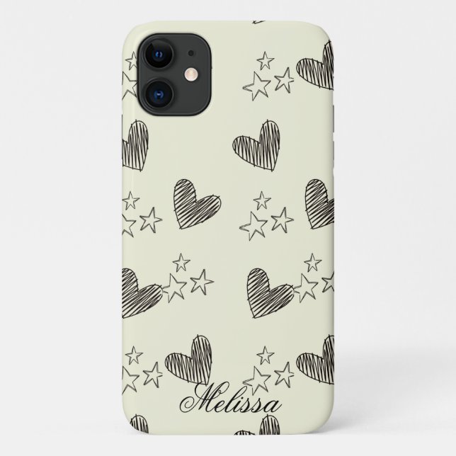 Beige Black and White Minimal Heart Stars Script  Case-Mate iPhone Case (Back)