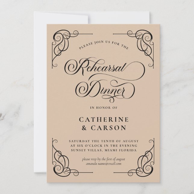 Beige & Black Calligraphy Script Rehearsal Dinner Invitation (Front)