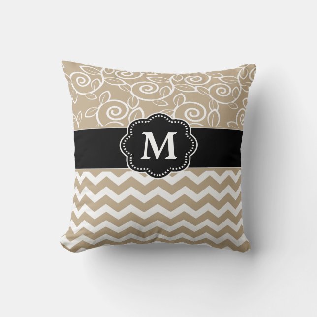 Beige Black Chevron Monogram Cushion (Front)
