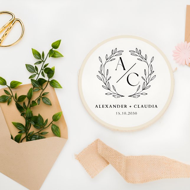 Beige & Black Elegant Personalised Wedding Logo Classic Round Sticker (Creator Uploaded)