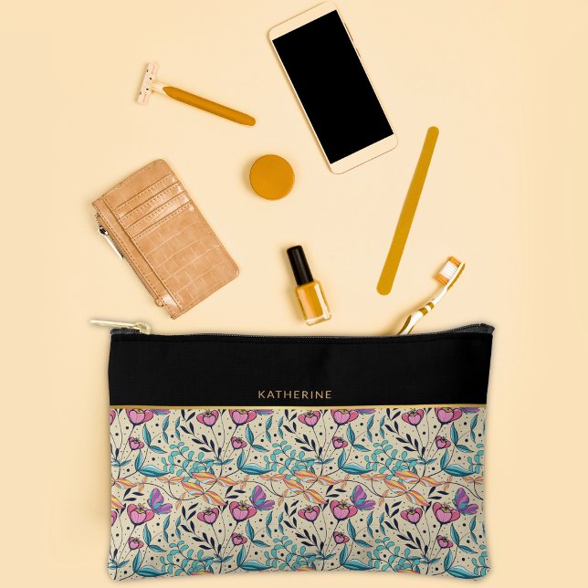 Beige Black Flowers Pattern Pretty Girly Trendy Accessory Pouch (Creator Uploaded)