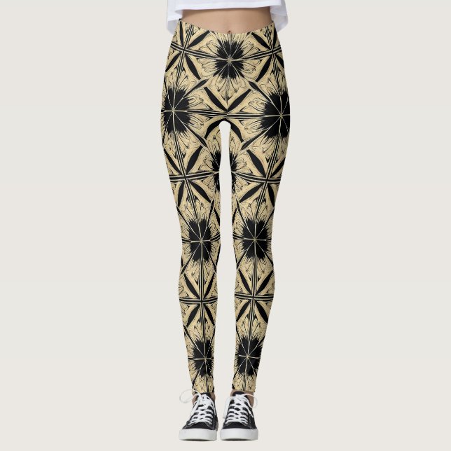 🖤 Beige Black Geometric Pattern Gift For Style Leggings (Front)