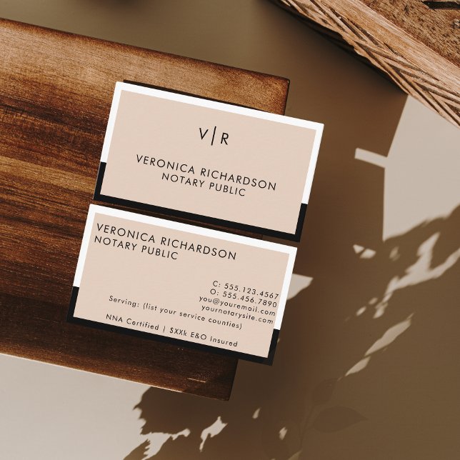 Beige & Black Minimal Clean Contemprary Notary  Business Card (Creator Uploaded)