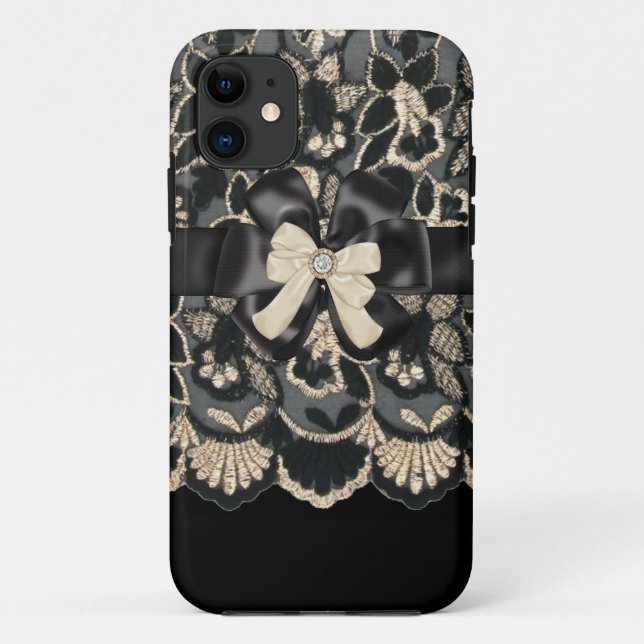 Beige & Black Rhinestone,Bows & Lace iPhone4 Case (Back)