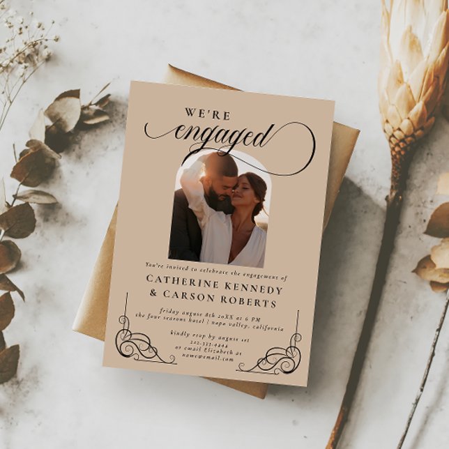 Beige & Black Script Calligraphy Engagement Party Invitation (Creator Uploaded)