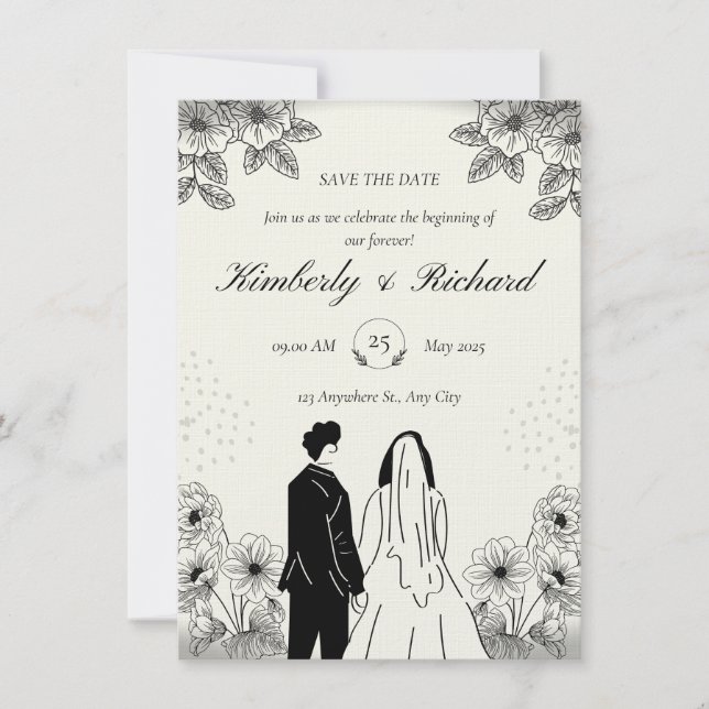 Beige Black Simple Illustation Wedding Invitation (Front)