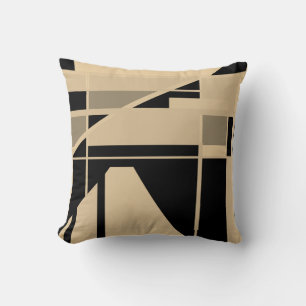 Beige Black Taupe Tan Geometric Abstract Art Motif Cushion