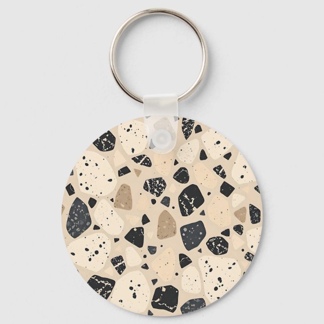 Beige Black Terrazzo Pattern Neutral Abstract  Key Ring (Front)