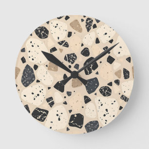 Beige Black Terrazzo Pattern Neutral Abstract Round Clock