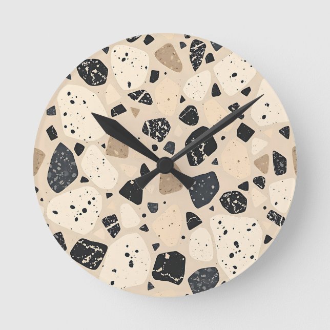 Beige Black Terrazzo Pattern Neutral Abstract  Round Clock (Front)